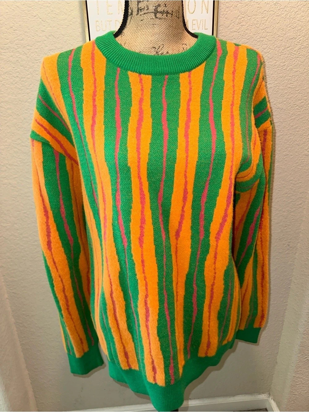 Zara Striped Crewneck Sweater Green & Orange Size Medium NWT